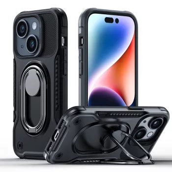   Joyroom Dual Hinge tok iPhone 14 Armor Case állvánnyal és gyűrűtartóval, fekete