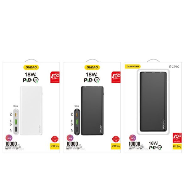 Dudao K12PQB Power Bank hordozható külső akkumulátor 2xUSB/USB-C/micro USB, 10000 mAh, 2A, fekete