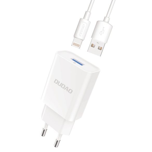 Dudao USB Wall Charger USB-A hálózati töltő adapter, QC3.0 5V/2.4A, gyorstöltő, USB-A/Lightning kábellel, 12W, fehér