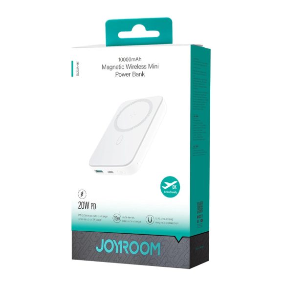 Joyroom JR-W020 Mini Magnetic Wireless Powerbank, magsafe kompatibilis  hordozható külső akkumulátor és vezeték nélküli töltő, PD, QC, 10000 mAh, 20W, fehér