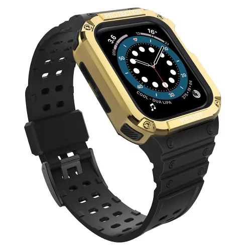 Protect óraszíj Band Apple Watch 7/SE, 42/44/45mm ütésálló tok és óraszíj, fekete-arany