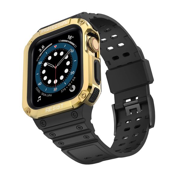 Protect Strap Band Apple Watch 7/SE, 42/44/45mm ütésálló tok és óraszíj, fekete-arany