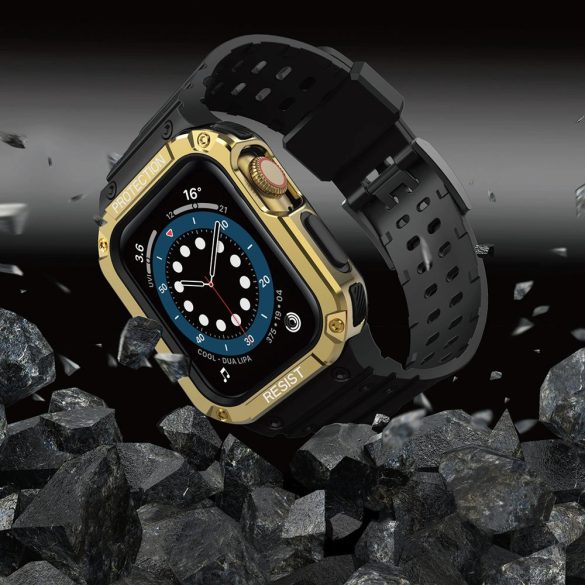 Protect Strap Band Apple Watch 7/SE, 42/44/45mm ütésálló tok és óraszíj, fekete-arany