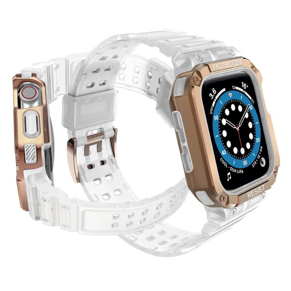 Protect Strap Band Apple Watch 2/3/4/5/6/7/SE, 42/44/45mm ütésálló tok és óraszíj, átlátszó-rozéarany