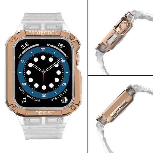 Protect Strap Band Apple Watch 2/3/4/5/6/7/SE, 42/44/45mm ütésálló tok és óraszíj, átlátszó-rozéarany