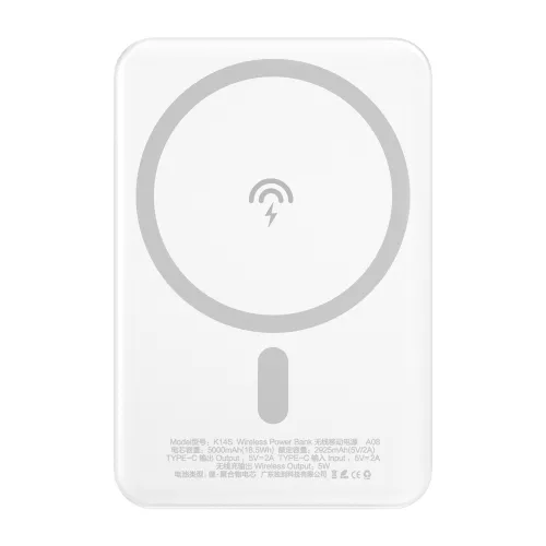 Dudao K14S Power Bank and Wireless Charger, MagSafe kompatibilis, 5000mAh, 10W/(5W MagSafe) hordozható külső akkumulátor és vezeték nélküli Qi töltő, fehér