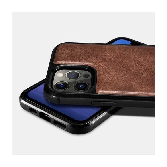 iCarer Leather Oil Wax iPhone 12/12 Pro eredeti bőr, hátlap, tok, barna