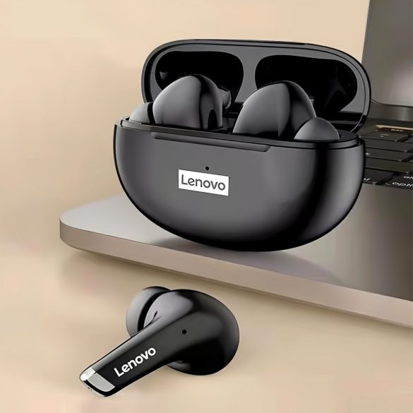 Lenovo LP5 Bluetooth headset akkumulátoros töltő tokkal, fekete