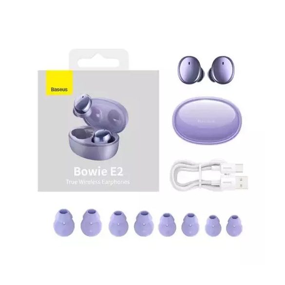 Baseus Bowie E2 Bluetooth 5.2 Earphone, Headset, vezeték nélküli töltés funkcióval, lila