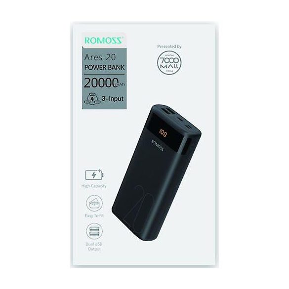Romoss Ares 20 Power Bank hordozható külső akkumulátor, USB/USB-C/Micro-USB/Lightning, 20000 mAh, fekete