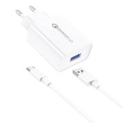   Foneng EU13 QC3.0, USB-A hálózati töltő adapter USB-C kábellel, gyorstöltő, 3A, fehér
