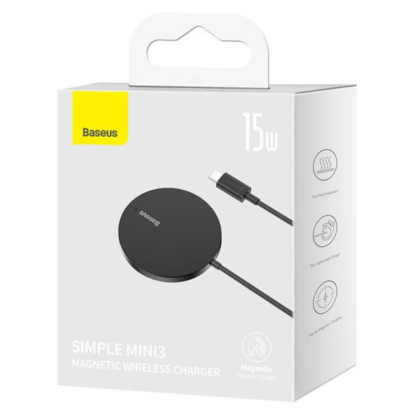 Baseus Simple Mini3 MagSafe kompatibilis vezeték nélküli töltő, 15W, fekete