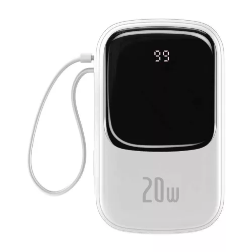 Baseus PPQD060302 Qpow Power Bank, hordozható külső akkumulátor USB/USB-C/Lightning, USB-C kábellel, 20000 mAh, 22.5W, fehér