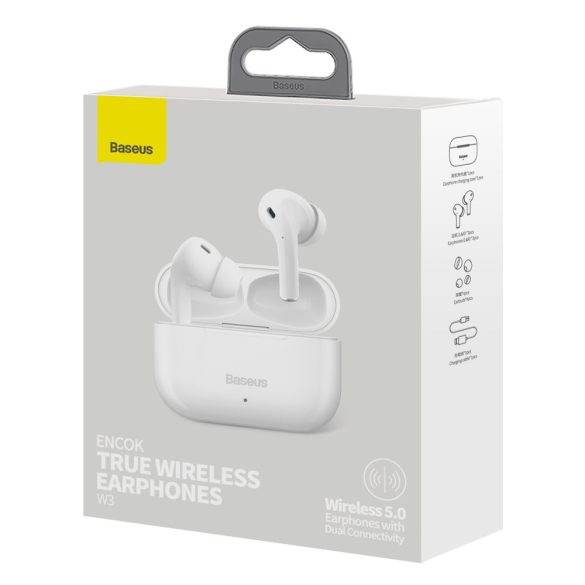 Baseus Encok W3 Bluetooth 5.0 Earphone, Headset, vezeték nélküli töltés funkcióval, fehér