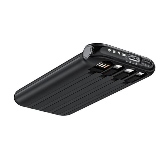 Vipfan Ultra-Thin F10 Powerbank, hordozható külső akkumulátor USB-A/USB-C, USB-A/USB-C/Micro-USB/Apple lightning kábellel, 10000 mAh, fekete