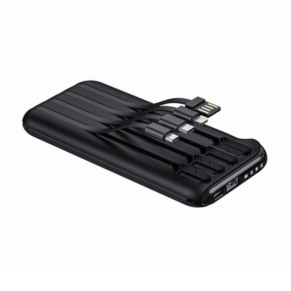 Vipfan Ultra-Thin F10 Powerbank, hordozható külső akkumulátor USB-A/USB-C, USB-A/USB-C/Micro-USB/Apple lightning kábellel, 10000 mAh, fekete