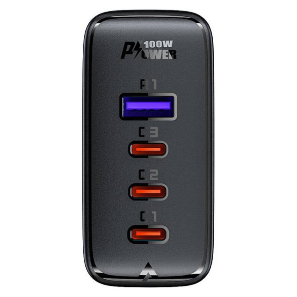 Acefast A37 PD100W Gan 3xUSB-C, 1xUSB-A töltőállomás, HUB, hálózati töltő adapter USB-C/USB-C kábellel, 100W, fekete