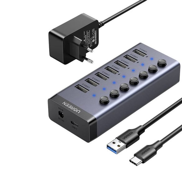Ugreen 7in1 Hub 7xUSB-A 3.0, USB-C elosztó, USB-C kábellel, 12V, 2A hálózati adapterrel, fekete