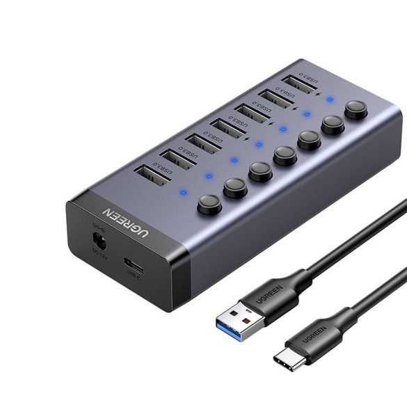 Ugreen 7in1 Hub 7xUSB-A 3.0, USB-C elosztó, USB-C kábellel, 12V, 2A hálózati adapterrel, fekete