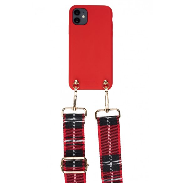 Iphoria iPhone 12/12 Pro Soft Touch Tartan Strap nyakba akasztós hátlap, tok, piros