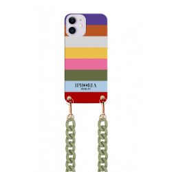   Iphoria iPhone 12/12 Pro Colurful Stripes with Green Chain nyakba akasztós hátlap, tok, mintás, színes