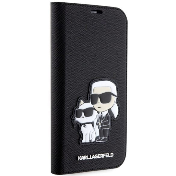 Karl Lagerfeld iPhone 14 Pro Saffiano Karl & Choupette (KLBKP14LSANKCPK) oldalra nyíló tok, fekete