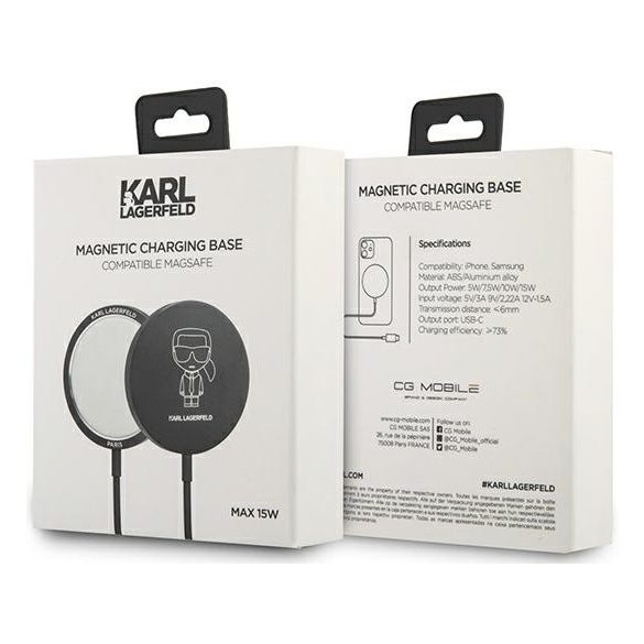 Karl Lagerfeld KLCBMSIKBK Ikonik Outline Wireless Charger Qi, MagSafe kompatibilis vezeték nélküli töltő, 15W, fekete