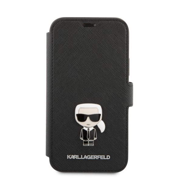 Karl Lagerfeld iPhone 12/12 Pro Saffiano Ikonik Metal (KLFLBKP12MIKMSBK) oldalra nyíló tok, fekete