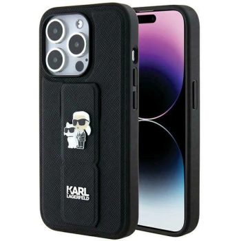   Karl Lagerfeld KLHCP13LGSAKCPK Gripstand Saffiano Karl&Choupette Pins iPhone 13/13 Pro 6.1", hátlap, tok, fekete