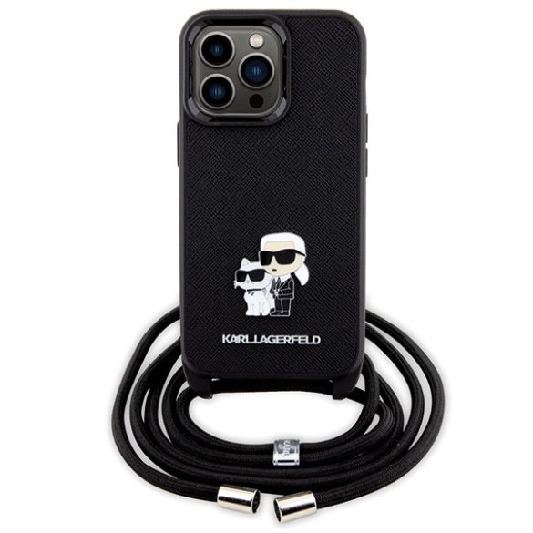 Karl Lagerfeld iPhone 13 Pro/13 Crossbody Saffiano Metal Pin Karl & Choupette (KLHCP13LSAKCPSK) hátlap, tok, fekete