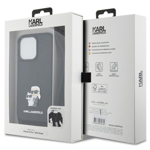 Karl Lagerfeld iPhone 13 Pro/13 Crossbody Saffiano Metal Pin Karl & Choupette (KLHCP13LSAKCPSK) hátlap, tok, fekete