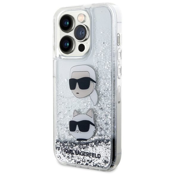Karl Lagerfeld iPhone 14 Pro Liquid Glitter Karl & Choupette Heads (KLHCP14LLDHKCNS) hátlap, tok, ezüst