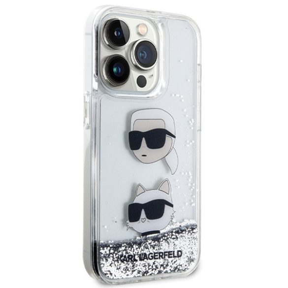Karl Lagerfeld iPhone 14 Pro Liquid Glitter Karl & Choupette Heads (KLHCP14LLDHKCNS) hátlap, tok, ezüst