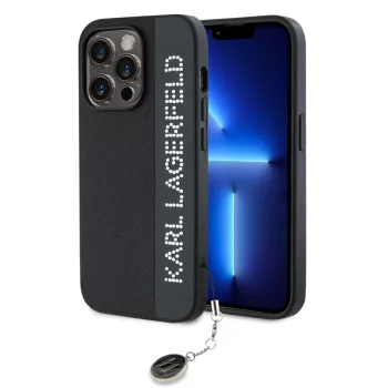   Karl Lagerfeld PU Saffiano Rhinestone Charm iPhone 14 Pro hátlap, tok fekete