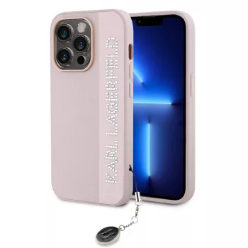   Karl Lagerfeld PU Saffiano Rhinestone Charm iPhone 14 Pro hátlap, tok rózsaszín