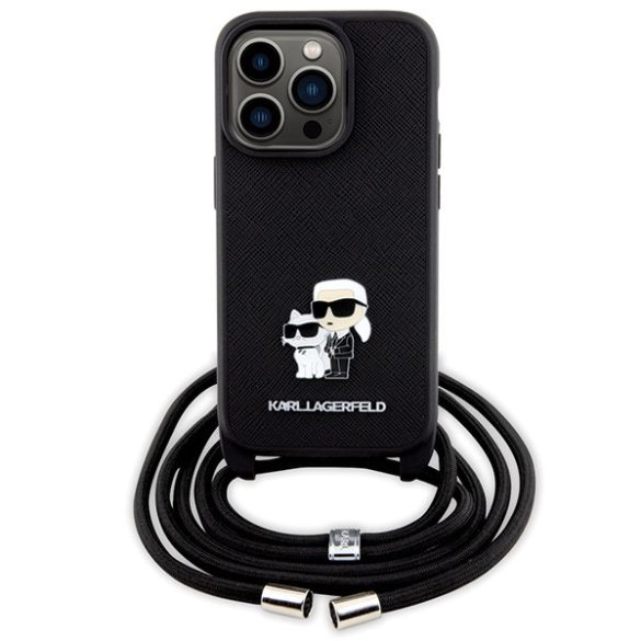 Karl Lagerfeld iPhone 14 Pro Crossbody Saffiano Metal Pin Karl & Choupette (KLHCP14LSAKCPSK) hátlap, tok, fekete