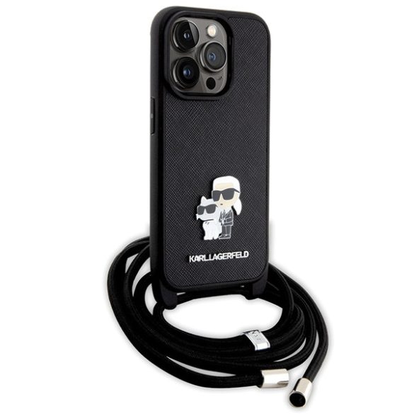 Karl Lagerfeld iPhone 14 Pro Crossbody Saffiano Metal Pin Karl & Choupette (KLHCP14LSAKCPSK) hátlap, tok, fekete