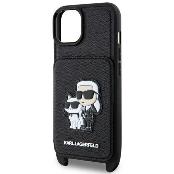 Karl Lagerfeld iPhone 13/14/15 Crossbody Saffiano Karl & Choupette (KLHCP14SCSAKCPMK) hátlap, tok, fekete