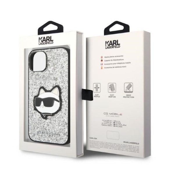 Karl Lagerfeld iPhone 13/14/15 Glitter Choupette Patch (KLHCP14SG2CPS) hátlap, tok, ezüst
