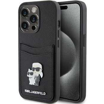   Karl Lagerfeld Saffiano Cardslot Karl&Choupette Metal Pin iPhone 15 Pro 6,1" KLHCP15LSAPKCNPK, hátlap, tok, fekete
