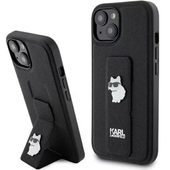   Karl Lagerfeld KLHCP15SGSACHPK Gripstand Saffiano Choupette Pins iPhone 15 6.1", hátlap, tok, fekete