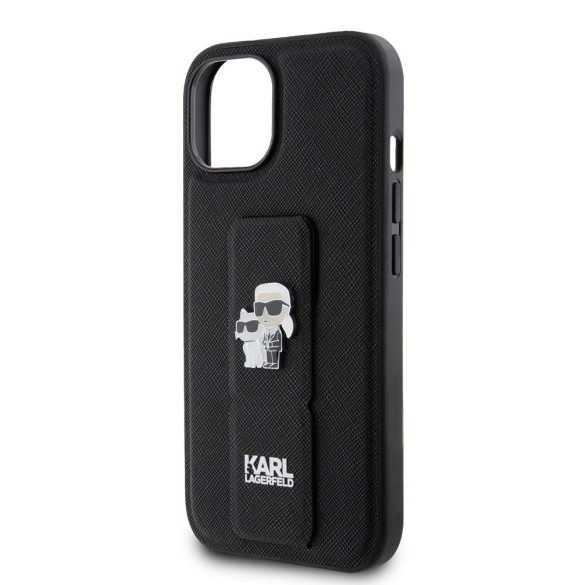 Karl Lagerfeld Saffiano Grip Stand Metal Logo Case iPhone 15 (KLHCP15SGSAKCPK) hátlap, tok, fekete
