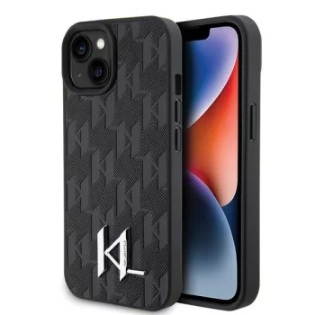   Karl Lagerfeld KLHCP15SPKLPKLK Leather Monogram Hot Stamp Metal Logo iPhone 15 6.1", hátlap, tok, fekete