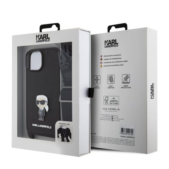 Karl Lagerfeld Saffiano Crossbody Metal Ikonik Case iPhone 15 (KLHCP15SSASKNPBK) hátlap, tok, fekete