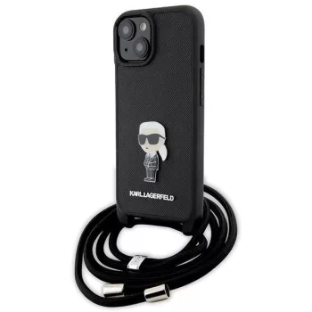   Karl Lagerfeld KLHCP15SSASKNPSK Crossbody Saffiano Monogram Metal Pin Karl & Choupette iPhone 15 6.1" tok, fekete