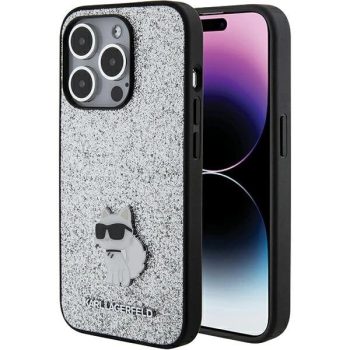   Karl Lagerfeld KLHCP15XGCNPSG Fixed Glitter Choupette Logo Metal Pin iPhone 15 Pro Max 6.7", hátlap, tok, ezüst