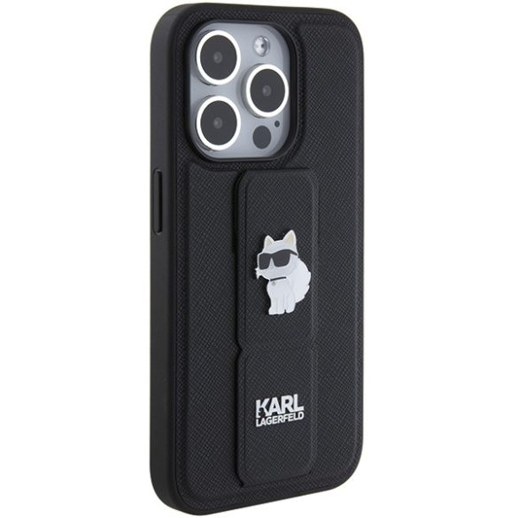 Karl Lagerfeld iPhone 15 Pro Max Gripstand Saffiano Choupette Pins (KLHCP15XGSACHPK) hátlap, tok, fekete