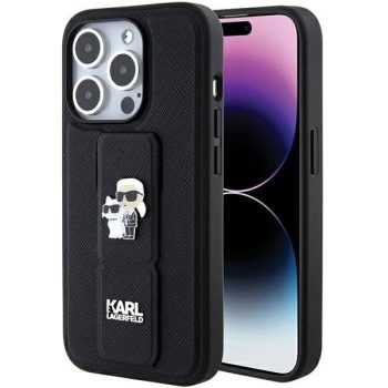   Karl Lagerfeld KLHCP15XGSAKCPK Gripstand Saffiano Karl&Choupette Pins iPhone 15 Pro Max 6.7", hátlap, tok, fekete