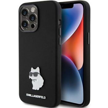   Karl Lagerfeld iPhone 15 Pro Max Silicone Choupette Metal Pin (KLHCP15XSMHCNPK) hátlap, tok, fekete
