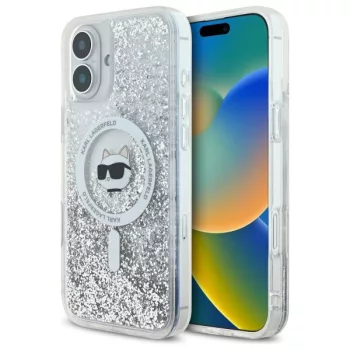   Karl Lagerfeld iPhone 16 Magsafe Liquid Glitter Choupette Head (KLHMP16SLGCHSGH) MagSafe hátlap, tok, ezüst-átlátszó